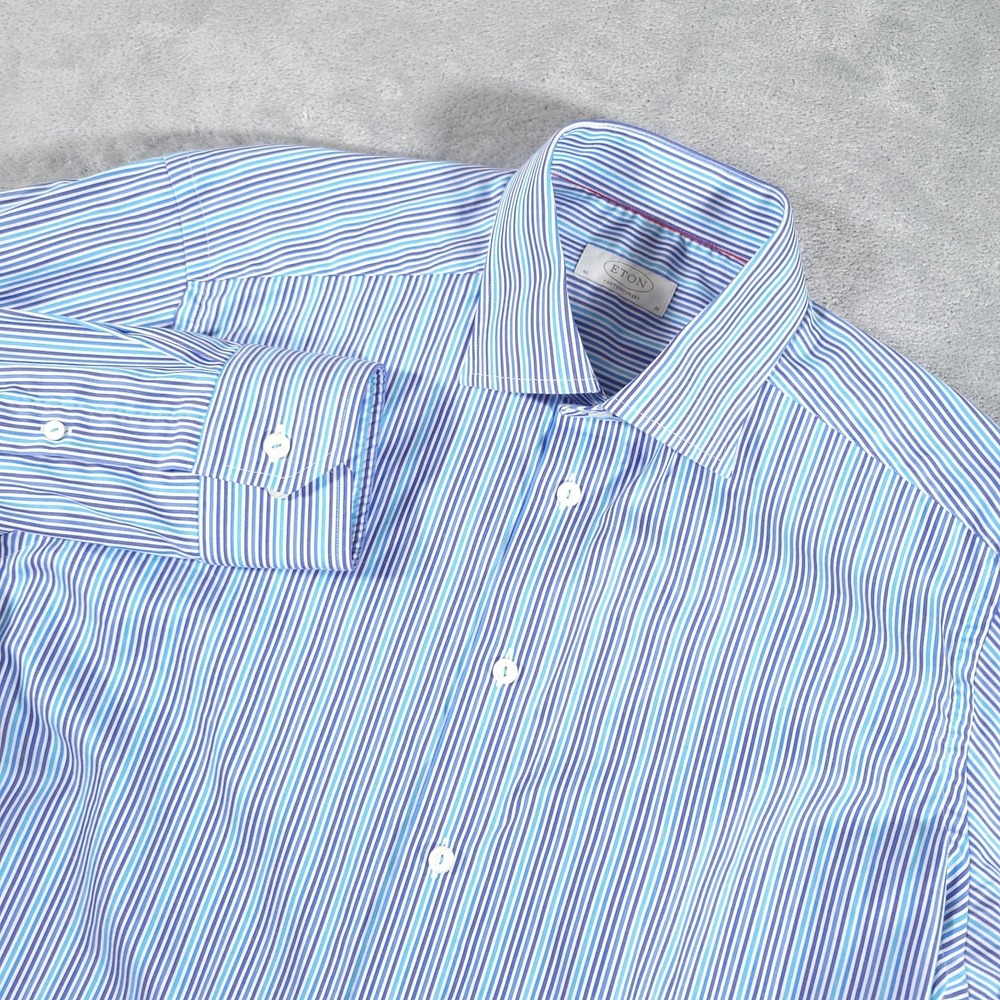 Eton Dress Shirt Mens 16 41 Blue White Striped Contemporary Fit Long Sleeve